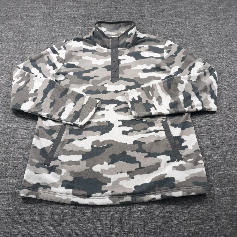Duluth Pullover Sweater Men Size L Camouflage Snap Buttons Outdoor Fleece Gray